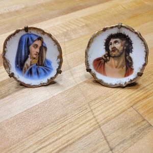 Limoges Jesus and Virgin Mary Mini plates with brass holder made in France
